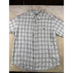 Woolrich Mens Plaid Short Sleeve Button Up Shirt‎ Beige Gray Large